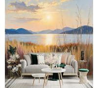 Custom Size Wall Sticker Mural， Sunset Lake Landscape with Mountains and Wildflowers， for wall Decoration， peelandstick wall Decals.