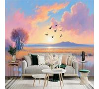 Custom Size Wall Sticker Mural， Sunset Landscape with Birds， Lake， Trees and Colorful Sky， for wall Decoration， peelandstick wall Decals.