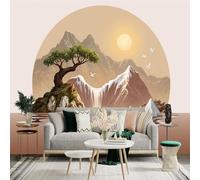 Custom Size Wall Sticker Mural， Sunset Mountain Landscape with Tree Waterfall and Birds， for wall Decoration， peelandstick wall Decals.