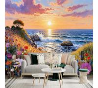 Custom Size Wall Sticker Mural，Sunset Ocean Waves Wildflowers Coastal Cliff，Removable SelfAdhesive Wall Fabric Large Photo Wallpaper for Living Room Bedroom