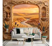 Custom Size Wall Sticker Mural， Sunset Wheat Field Landscape， Winding River View， Rustic Decorative Archway， for wall Decoration， peelandstick wall Decals.