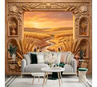 Custom Size Wall Sticker Mural， Sunset Wheat Field with Winding River， Vintage Carved Stone Frame， Rustic Floral Decor， for wall Decoration， peelandstick wall Decals.