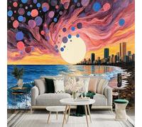 Custom Size Wall Sticker Mural， Surreal Sunset Cityscape， Abstract Cosmic Sky with Floating Orbs， Ocean Waves and Coastal Skyline， for wall Decoration， peelandstick wall Decals.