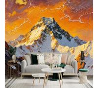 Custom Size Wall Sticker Mural， Textured SnowCapped Mountains Under Fiery Sky， SelfAdhesive Wall Art Decor for Office