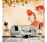 Custom Size Wall Sticker Mural， Traditional Chinese Ink Painting of Goldfish， Elegant Oriental Water Life， Soft Beige Artistic Background， for wall Decoration， peelandstick wall Decals.