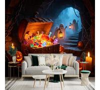 Custom Size Wall Sticker Mural， Treasure Chest with Glowing Candies， Pumpkins and Lanterns， for wall Decoration， peelandstick wall Decals.