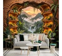 Custom Size Wall Sticker Mural， Tropical Jungle Waterfalls with Misty Mountains and Lush Green Plants， for wall Decoration， peelandstick wall Decals.