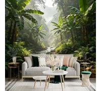 Custom Size Wall Sticker Mural， Tropical Rainforest Landscape， Sunlit Banana Trees， Misty River Creek， Nature Scenery， for wall Decoration， peelandstick wall Decals.