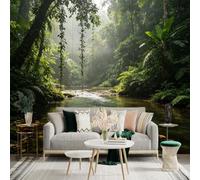 Custom Size Wall Sticker Mural， Tropical Rainforest River， Lush Green Foliage， Sunbeams Through Trees， Nature Landscape， for wall Decoration， peelandstick wall Decals.