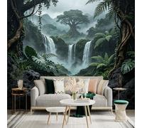 Custom Size Wall Sticker Mural， Tropical Rainforest Waterfalls with Giant Tree and Misty Mountains， for wall Decoration， peelandstick wall Decals.