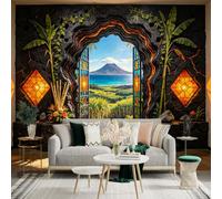 Custom Size Wall Sticker Mural， Tropical Volcano View Through Stone Archway and Stained Glass Doors， for wall Decoration， peelandstick wall Decals.
