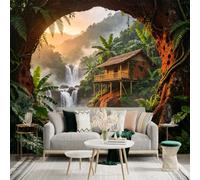 Custom Size Wall Sticker Mural， Tropical Waterfall with Jungle Cabin and Sunset View， for wall Decoration， peelandstick wall Decals.
