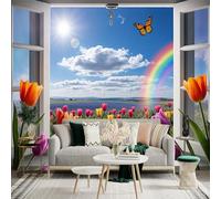 Custom Size Wall Sticker Mural， Tulip Field with Rainbow， Sun and Butterfly， for wall Decoration， peelandstick wall Decals.
