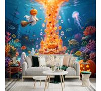 Custom Size Wall Sticker Mural， Underwater Fantasy World， Pumpkin Castle and Candy Reef， Magical Sea Creatures and Ghosts， for wall Decoration， peelandstick wall Decals.