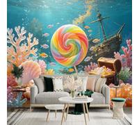 Custom Size Wall Sticker Mural， Underwater Fantasy World， Rainbow Lollipop， Sunken Ship， Tropical Fish and Treasure Chest， for wall Decoration， peelandstick wall Decals.