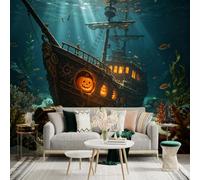 Custom Size Wall Sticker Mural， Underwater Ghost Ship with Glowing Pumpkins， Treasure Chest and Crabs， for wall Decoration， peelandstick wall Decals.
