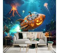 Custom Size Wall Sticker Mural， Underwater Pumpkin Rocket Ship， Glowing Jellyfish and Coral Reef， Magical Ocean Fantasy， for wall Decoration， peelandstick wall Decals.