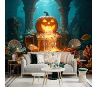 Custom Size Wall Sticker Mural， Underwater Pumpkin Treasure Chest， Glowing Candies， Marine Life Decor， Aquatic Fantasy Scene， for wall Decoration， peelandstick wall Decals.