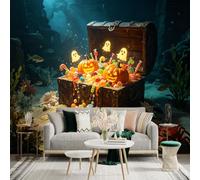 Custom Size Wall Sticker Mural， Underwater Treasure Chest with JackOLanterns， Glowing Spirits， Sweet Candy and Sea Shells， for wall Decoration， peelandstick wall Decals.