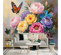 Custom Size Wall Sticker Mural，Vibrant Peony Bouquet with Monarch Butterfly，Removable SelfAdhesive Wall Fabric Large Photo Wallpaper for Living Room Bedroom