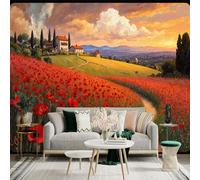 Custom Size Wall Sticker Mural，Vibrant Red Poppies Field Tuscany Landscape Scenic View，Removable SelfAdhesive Wall Fabric Large Photo Wallpaper for Living Room Bedroom