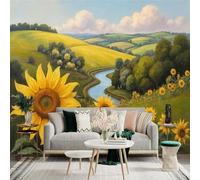 Custom Size Wall Sticker Mural， Vibrant Sunflower Field by a Flowing River， Rolling Green Hills， Sunny Nature Landscape， Pastoral Countryside Scenery， for wall Decoration， peelandstick wall Decals.