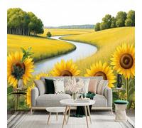 Custom Size Wall Sticker Mural， Vibrant Sunflower Field， Peaceful Winding River Landscape， Golden Summer Meadows， Serene Nature Scenery， for wall Decoration， peelandstick wall Decals.
