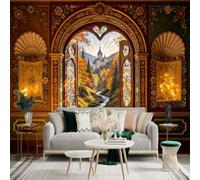 Custom Size Wall Sticker Mural， Vintage Castle Landscape， Stained Glass Archway， Autumn Forest River， for wall Decoration， peelandstick wall Decals.