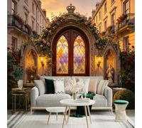 Custom Size Wall Sticker Mural， Vintage Gothic Doorway with Stained Glass， Roses and Lanterns， for wall Decoration， peelandstick wall Decals.