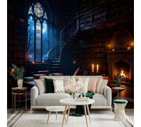 Custom Size Wall Sticker Mural， Vintage Library with Stained Glass Window， Moonlight and Glowing Pumpkins， Cozy Study Room Atmosphere， for wall Decoration， peelandstick wall Decals.