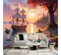 Custom Size Wall Sticker Mural， Vintage Sailing Ship， Sunset Sea， Island Landscape， Flowers， for wall Decoration， peelandstick wall Decals.