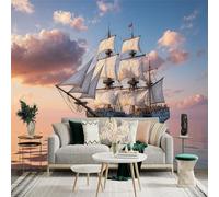 Custom Size Wall Sticker Mural， Vintage Tall Ship Sailing on Calm Sea， Golden Sunset Clouds， Nautical Ocean Scenery， for wall Decoration， peelandstick wall Decals.