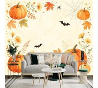Custom Size Wall Sticker Mural， Watercolor Fall Pumpkins with Maple Leaves， Spider Web and Bats， Autumn Seasonal Botanical， for wall Decoration， peelandstick wall Decals.