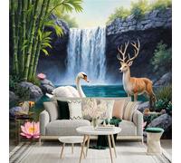 Custom Size Wall Sticker Mural， Waterfall with Deer Swan Bamboo and Lotus Flowers， for wall Decoration， peelandstick wall Decals.
