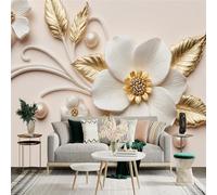 Custom Size Wall Sticker Mural， White and Gold Floral Artwork with Pearls and Elegant Leaves， for wall Decoration， peelandstick wall Decals.