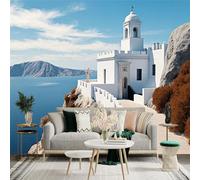 Custom Size Wall Sticker Mural， White Castle by the Sea， Coastal Scenery， Mediterranean Architecture， for wall Decoration， peelandstick wall Decals.