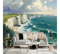 Custom Size Wall Sticker Mural， White Cliffs by the Sea， Ocean Waves and Grassy Shore， for wall Decoration， peelandstick wall Decals.