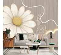 Custom Size Wall Sticker Mural， White Daisy Flower with Abstract Deer and Beige Line Art， for wall Decoration， peelandstick wall Decals.