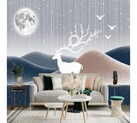 Custom Size Wall Sticker Mural， White Deer with Moon， Mountains and Lake Under Starry Sky， for wall Decoration， peelandstick wall Decals.