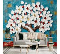 Custom Size Wall Sticker Mural，White Flower Tree Red Jewel Cherry Blossom Textured Painting，Removable SelfAdhesive Wall Fabric Large Photo Wallpaper for Living Room Bedroom