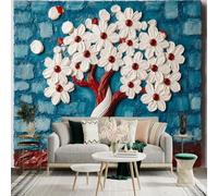 Custom Size Wall Sticker Mural，White Flowers Tree Red Roots Blue Brick Wall Moon，Removable SelfAdhesive Wall Fabric Large Photo Wallpaper for Living Room Bedroom