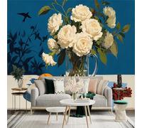 Custom Size Wall Sticker Mural， White Roses Bouquet with Oranges and Blue Background Still Life， for wall Decoration， peelandstick wall Decals.