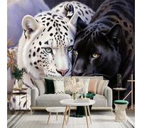 Custom Size Wall Sticker Mural， White Snow Leopard and Black Panther Couple in Close Embrace， for wall Decoration， peelandstick wall Decals.