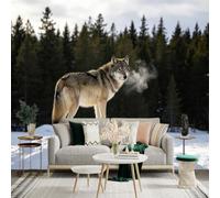 Custom Size Wall Sticker Mural， Wild Wolf Standing on Snowy Hill， Winter Pine Forest Background， Breath Fog in Cold Weather， for wall Decoration， peelandstick wall Decals.