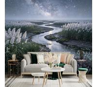 Custom Size Wall Sticker Mural， Winding River at Night， Milky Way Galaxy， Glowing Fireflies， Scenic Marshland， for wall Decoration， peelandstick wall Decals.