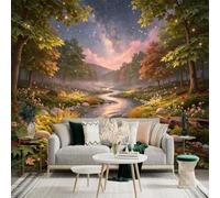 Custom Size Wall Sticker Mural， Winding River in Autumn Forest， Glowing Fireflies， Milky Way Night Sky， for wall Decoration， peelandstick wall Decals.