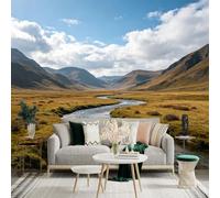 Custom Size Wall Sticker Mural， Winding River in Golden Valley， Majestic Mountains， Peaceful Nature Scenery， for wall Decoration， peelandstick wall Decals.