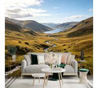 Custom Size Wall Sticker Mural， Winding River in Highland Valley， Rolling Green Hills， Scenic Mountain Lake View， for wall Decoration， peelandstick wall Decals.