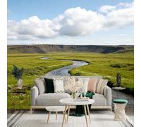 Custom Size Wall Sticker Mural， Winding River Through Meadow， Green Valley Landscape， Highland Nature Scenery， for wall Decoration， peelandstick wall Decals.