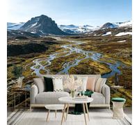 Custom Size Wall Sticker Mural， Winding River Through Mountain Valley， Arctic Snowy Peaks， Highland Wilderness Landscape， for wall Decoration， peelandstick wall Decals.